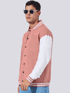 <b>Men's</b> Pink Varsity <b>Jacket</b> With <b>White</b> Sleeves Regular Fit Cotton Polyester Casual Autumn Wear Turn-down Collar Button Closure - Product Image 1