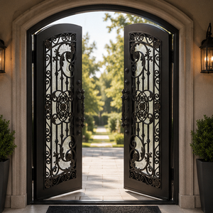 Puerta de Entrada Doble de Hierro Forjado Arqueada de Lujo con Vidrio Esmerilado Decorativo y Diseño de Seguridad para Villa - Product Image 1
