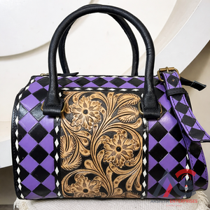 Bolso de mano de cuero a cuadros hecho a mano de 11 pulgadas para mujer, elegante bolso de piel de vaca, bandolera, bolso de viaje, Expo de Marzo 2026 - Product Image 1