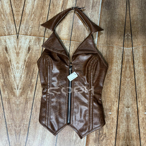 Chaleco Corset de Piel Sintética Marrón con Cuello - Product Image 5