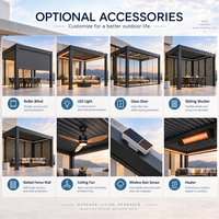 Pergola bioclimatique en aluminium à double baie avec murs occultants à persiennes, écrans zip et éclairage LED pour patio de piscine ou villa