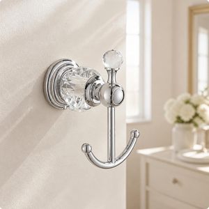 Crochet mural double en verre cristal de luxe pour salle de bain, finition chromée, crochet décoratif pour serviettes, vêtements et manteaux, avec bouton en cristal - Product Image 4