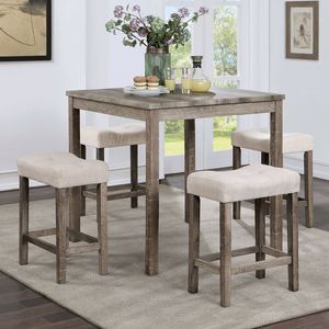 Transitional 5pc Counter Height <b>Dining</b> Set Gray HT <b>Table</b> with 4 Linen-Beige Cushion Seat <b>Stools</b> for Your <b>Dining</b> Room - Product Image 2