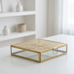 Caja de almacenamiento rectangular vintage de latón y vidrio para joyas, maquillaje y accesorios, organizador de latón y vidrio. - Product Image 4