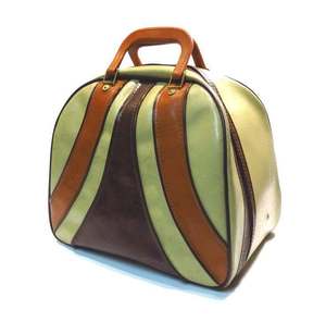 Vintage <b>Bowling</b>-Shaped Genuine Leather Handbag With Stripe Panel Design Zip Closure Two Handles Unisex Daily Use - Product Image 1