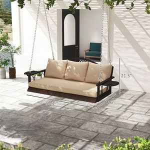 Dondolo a 3 posti in vimini per patio e giardino, con portabicchieri, cuscini e catene - Marrone - Product Image 3