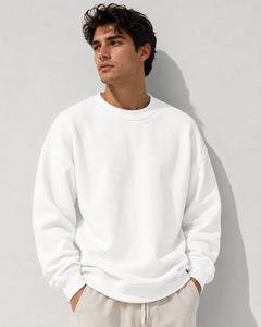 เสื้อสเวตเชิ้ตคอกลมหนานุ่ม 300 GSM สำหรับผู้ชาย ทรงบ็อกซี่โอเวอร์ไซส์ สไตล์สตรีทแวร์สุดหรู ผ้าคอตตอน Meeroos แบบเรียบๆ สำหรับงานสั่งทำ - Product Image 3
