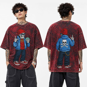 Oversized <b>Men's</b> Cartoon Skeleton Printed T-Shirt Short Sleeve O-Neck Street Style Jersey Cotton Red <b>Black</b> <b>Tie</b> Dye Design - Product Image 6