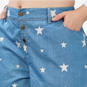 <b>High</b> <b>Waist</b> Star Print Denim Shorts Women Casual Button Fly Washed Cotton Regular Fit Short <b>Pants</b> - Product Image 6