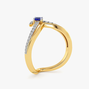 Bague Chevron en Saphir Bleu pour Femme, Pierre Centrale Ronde, Accents Pavés, Plaqué Or 10K 14K 18K, Argent 925, Mariage - Product Image 3