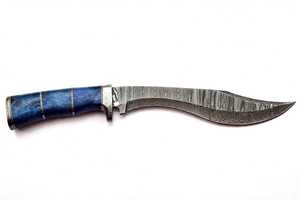 Cuchillo de Camping de Hoja Fija de Acero de Damasco, Espiga Recta, 28cm, Mango Pulido de Hueso de Camello Azul Rey, DIY OEM - Product Image 5