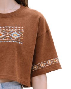 Camiseta Corta para Mujer Color Marrón Chocolate, Bordado Geométrico, Manga Corta, Informal, Mezcla de Algodón Suave, Top de Verano para Mujer, Venta al Por Mayor - Product Image 2