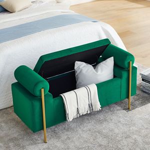 Elegante Panca Contenitore in Velluto Verde con Gambe in Ferro e Braccioli Cilindrici per Ingresso, Soggiorno e Camera da Letto - Product Image 2