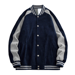 Chaqueta Varsity de Pana Azul Marino para Hombre, con Mangas en Contraste, Estilo Preppy, Cuello Alto, Cierre de Botones, para Otoño - Product Image 1