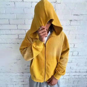 Sweat-shirt à capuche zippé pour homme en molleton thermique gaufré, délavé à l'acide, imprimé vintage par pulvérisation, style streetwear, hiver - Product Image 2