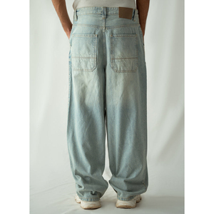 Nouveau Jean Baggy Unisexe Vintage Streetwear Rétro Hip Hop en Denim Selvedge Brut à Motif Uni Coupe Ample Hiver Bleu Clair Délavé - Product Image 5
