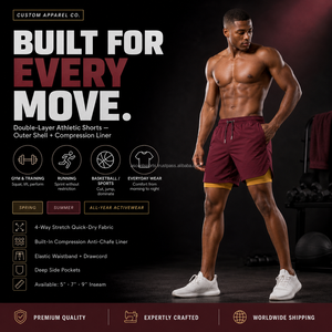 Custom Woven Label <b>Layered</b> Workout Shorts Quick Dry Polyester Built In Compression Shorts Elastic Waistband With Running New - Product Image 6