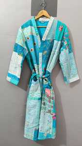Patchwork Kantha Vintage Boho Khambadiya Kimono <b>Jacket</b> Handmade Floral Pattern 100% Cotton Long Sleeves Drawstring Closure - Product Image 2