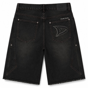 Men’s Baggy Denim Jorts Raw Black Y2K Streetwear Shorts with Red Contrast Stitching, Logo Embroidery & Frayed Hem - Product Image 3