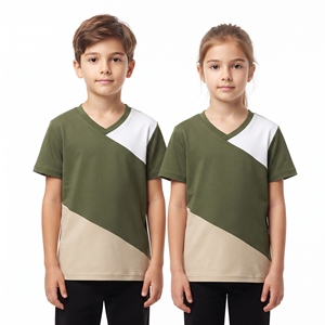 Ropa Casual para Niños, Camisetas de Manga Corta con Cuello en V y Contraste de Tres Colores, Unisex, Ropa Infantil, Prendas Personalizadas al por Mayor - Product Image 5