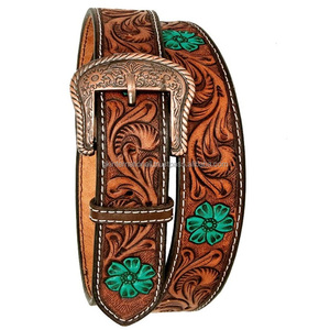 Ceinture en cuir usinée personnalisée, design floral turquoise, sculptée à la main, ceinture d'outillage en cuir occidental pour hommes, boucle de créateur - Product Image 3