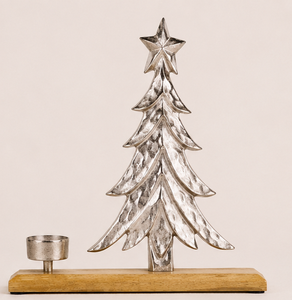 High Quality Handcrafted Silver Aluminum Metal Christmas Tree Candle Holder With Natural Mango Wood Base For Holiday Home Table - Product Image 2