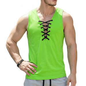 Camiseta sin mangas de streetwear para hombre al por mayor OEM, con logo personalizado, cuello en V con cordones frontales, top casual de verano, camisetas sin mangas a granel para hombre - Product Image 5