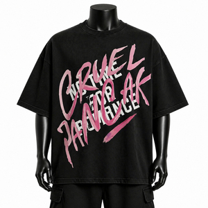 T-shirts formels surdimensionnés pour hommes 100 % coton, coupe ample à épaules tombantes, imprimé typographique rose vif - Product Image 1