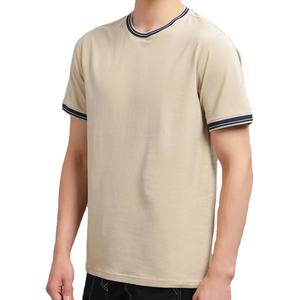 T-shirt en coton épais beige pour homme, col côtelé contrastant, streetwear, manches courtes, haut décontracté basique, logo personnalisé OEM, marque privée - Product Image 2