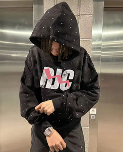 Sudadera con capucha unisex de poliéster/algodón grueso con cremallera, efecto desgastado vintage, logotipo de diamantes de imitación personalizado, para invierno, al por mayor - Product Image 4