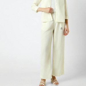 Pantalon large vert clair pour femme, taille haute, fermeture boutonnée, coupe ample, longueur cheville, couleur unie, en lin, style été minimaliste - Product Image 1