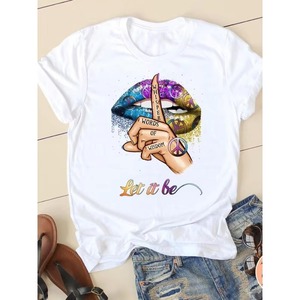 Camiseta blanca para mujer con estampado de labios dorados, cuello redondo, manga corta, informal, top de verano - Product Image 3