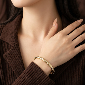 Yellow Gold Diamond Bangle Bracelet Round Brilliant Cut Natural Stones Classic Style Women's Everyday Wear Jewelry - Product Image 3