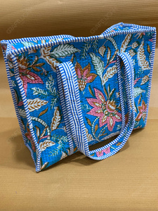 Handcrafted Quilted Blue Floral Tote <b>Bag</b> Printed Fabric Shoulder Handbag <b>Lightweight</b> Everyday Carry Designer Shopping <b>Bag</b> - Product Image 4