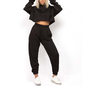 Ensemble de survêtement de sport pour femme grande taille, ensemble 2 pièces en coton : sweat à capuche court et pantalon de survêtement - Product Image 1