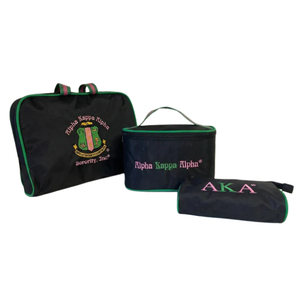 AKA Sorority <b>3</b>-Piece Makeup Travel Set Black with Pink & Green Embroidery Cosmetic Bag Organizer <b>Storage</b> Pouch - Product Image 1