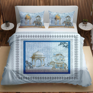 Sky Blue Cotton King Size Bedsheet Set 3 Piece Royal Elephant Mughal <b>Panel</b> Print BedSheet with Pillow Covers Soft Luxury Bedding - Product Image 1