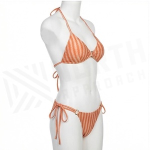 Ensemble bikini rayé pour femme avec bas de maillot à nouer sur le côté et détail cordon de serrage orange - Product Image 3