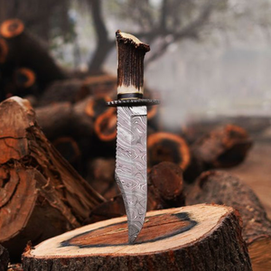 Silver Damascus Pattern Hunting Bowie Knife with Brown Antler Style Handle Fixed Blade <b>Outdoor</b> Camping Survival Knife with Metal - Product Image 5