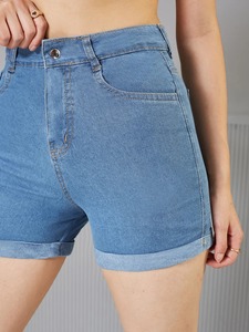 Women's <b>High</b> <b>Waist</b> Denim <b>Shorts</b> With Five Pockets Button Fly Stonewashed Light Blue Casual Style - Product Image 5