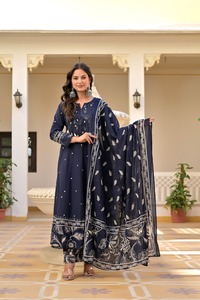 Blue Embroidered Pure Cotton <b>Women</b> Salwar Kameez Mirror Work Set 3/4th Sleeve <b>Kurti</b> & Pant with Dupatta <b>for</b> Party Wedding - Product Image 3