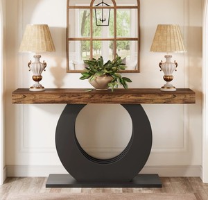 Modern Wood <b>Console</b> <b>Table</b> with Black <b>Metal</b> Ring Base Living Room Furniture Entryway Decor - Product Image 3