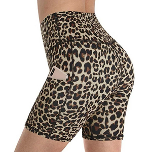 Shorts de yoga taille haute imprimé léopard tendance avec poches, en tissu tricoté respirant en coton et élasthanne, séchage rapide, pour femme, avec volants - Product Image 6