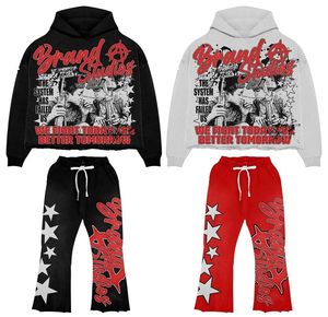 Ensemble de survêtement unisexe délavé style vintage avec sweat à capuche épais et pantalon évasé imprimé sur toute la surface – Vente en gros - Product Image 1