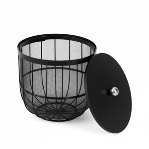 Panier de rangement en métal noir avec couvercle, panier rond en fil métallique pour fruits et légumes - Product Image 5