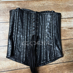 Corset Overbust en cuir de crocodile noir avec baleines en acier - Product Image 3