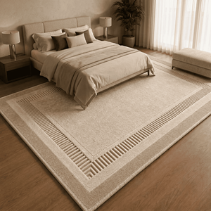 Tapis moderne en laine crème tufté à la main avec bordure géométrique côtelée, envers en latex, texture tonale pour salon - Product Image 2
