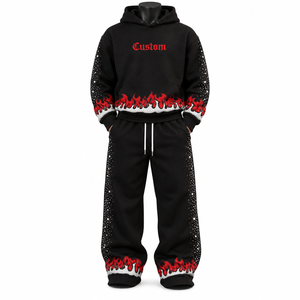 Conjunto de Sudadera con Capucha Oversize Unisex, Negro y Rojo, Estilo Urbano, Felpa Francesa 100% Algodón, con Bolsillo, Hip Hop, Gótico, Invierno, Bordado - Product Image 2