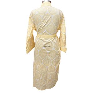 Yellow Floral Printed Cotton <b>Robe</b> <b>Women</b> Full Length V-Neck Long Sleeve Belt Casual Sleepwear Nonwoven Soft Machine Washable - Product Image 6