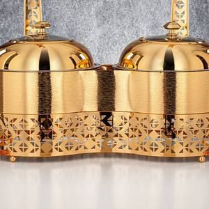 Juego de calentadores de comida dobles redondos dorados de lujo de acero inoxidable con soporte de corte láser y tapas colgantes para catering de buffet - Product Image 4